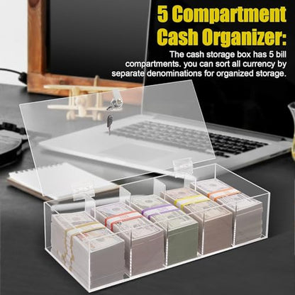 Acrylic Locking Currency Tray With 300 Currency Wrappers, 5 Compartment Clear Cash Organizer Money Storage Box with Lockable Cover for Cash, Moneyboxes Currency Cash Holder for Money