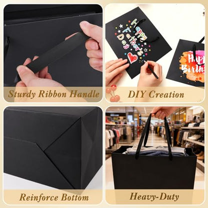 Epoesch 4 Pack Medium Black Gift Bags with Handles and 12 Tissue Papers - color: Black Gift Bags