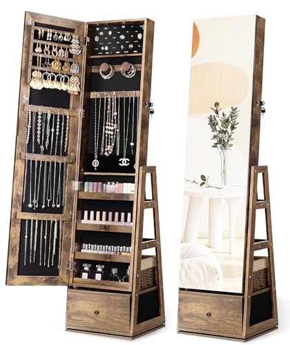 Nicetree 360° Swivel Jewelry Cabinet, Full Length Mirror, Lockable - color: Rustic Brown + Black