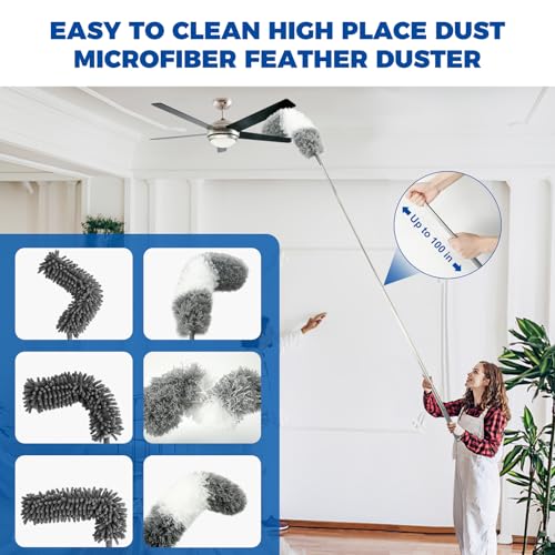 9Pcs Dusters for Cleaning Kit, Extendable Microfiber Duster Tools with 100" Long Pole, Retractable Gap Bendable Dust Cleaner, Reusable Washable Cleaning Supplie for Ceiling Fan Furniture Cars and Home - size: 9 PCS Duster Kits