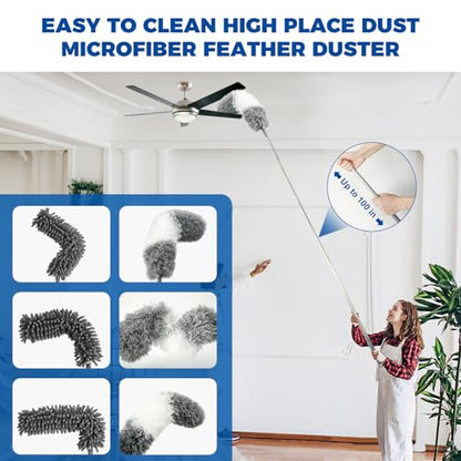 9Pcs Dusters for Cleaning Kit, Extendable Microfiber Duster Tools with 100" Long Pole, Retractable Gap Bendable Dust Cleaner, Reusable Washable Cleaning Supplie for Ceiling Fan Furniture Cars and Home - size: 9 PCS Duster Kits