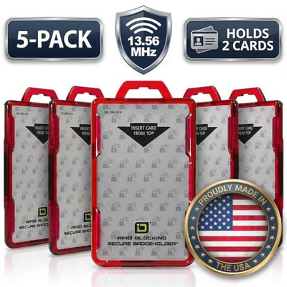 ID Stronghold - Pack of 5 - RFID Blocking Secure Badge Holder - Duolite 2 Card ID Holder - Poly Carbonate - Heavy Duty Plastic ID Badge Holder - USA Molded and Assembled - FIPS 201 Approved - red - color: Red, size: 5 - Pack