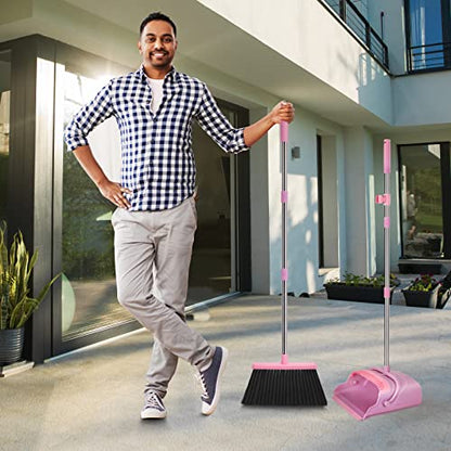 Broom and Dustpan Set for Home, Office, Indoor&Outdoor Sweeping, Stand Up Broom and Dustpan (Pink) - color: Pink