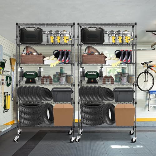 BolDuck 6 Tier Storage Shelves with Wheels, 2100lbs Capacity Heavy Duty Shelving Units, 14x36x75inch Adjustable Metal Shelf Wire Shelving Rack for Garage, Kitchen, Office, Black - size: 6 Tier Shelf