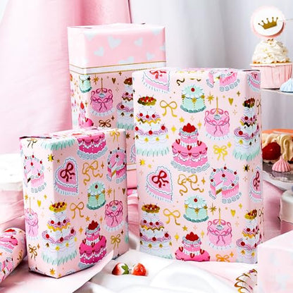 Homeral Birthday Cake Wrapping Paper Roll - Pink Cakes with Gold Metallic Foil & Heart Pattern, Reversible Gift Wrap for 1st Birthday, BABY Shower, Party - Mini Roll - 17 Inch x 33 Feet - color: Pink Cakes, size: 17in*33ft