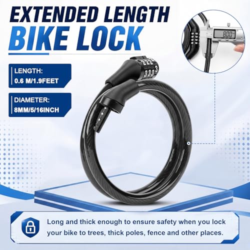 Hotop 10 Pcs 2 Feet Bike Lock Cable with Combination, Coiled Preset Bike Lock High Security 4 Digit Bicycle Locks Anti Theft Bikes Accessories Black Bicycle Cable Locks, 5/6 Inch Diameter - size: 2 Feet