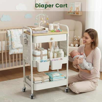 danpinera Rolling Utility Cart with Drawer, 3 Tier Rolling Cart with Wheels, Hooks & Hanging Cups, Craft Cart Art Cart Snack Cart Rolling Storage Cart with Wooden Table Top & DIY Pegboards, White - color: Ivory