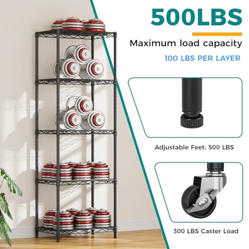 SINGAYE 5 Shelves Storage Shelf Wire Shelving Unit Metal Adjustable Wheels - color: Black, size: 5Tier/11.5"D X 17.5"W X 57"H