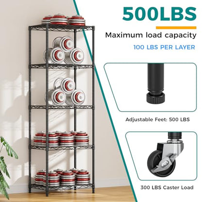 SINGAYE 5 Shelves Storage Shelf Wire Shelving Unit Metal Adjustable Wheels - color: Black, size: 5Tier/11.5"D X 17.5"W X 57"H