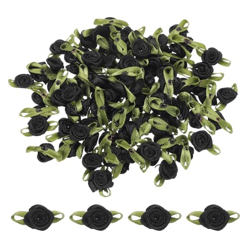 MECCANIXITY 100pcs Black Ribbon Roses 5/8"x1-3/16" Mini Roses for Crafts Little Satin Bows Roses Artificial Flowers - color: Black