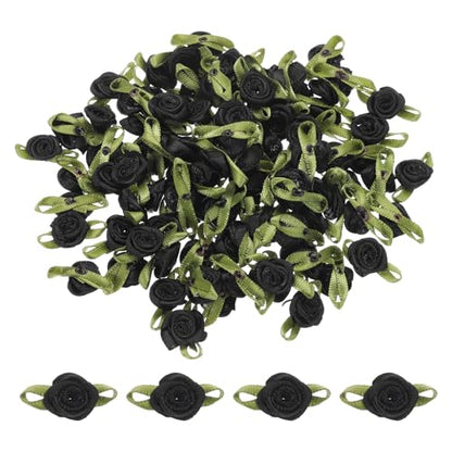 MECCANIXITY 100pcs Black Ribbon Roses 5/8"x1-3/16" Mini Roses for Crafts Little Satin Bows Roses Artificial Flowers - color: Black