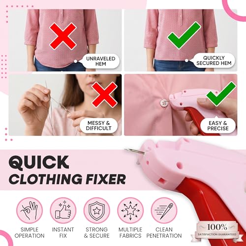 ASEER Micro Stitch Gun No Sew Kit 6 Needles 2000 Fasteners 200 Buttons - color: Pink