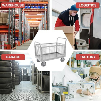 Folding Platform Truck Cart with Cage, Flat Cart with Wheels and Handle, Flat Bed Dolly Can Load 1500 Pounds, Flat Rolling Cart with 6In Swivel Heavy Duty Brake Caster (35.4 inches in length)