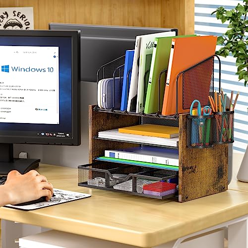 DAOUTIME 4-Tier Mesh Desk Organizer, Wooden Desk File Organizer with 5 Vertical File Holders and 2 Pen Holders, Desktop Organizers and Accessories with Drawer for Home Office (Pack of 2) - size: With Drawer (Pack of 2)