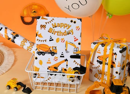 Sikiweiter Construction Truck Birthday Wrapping Paper Roll - Yellow Trucks, Cones, and Balloons Design - 17 inch x 16.5 feet(Construction) - color: Construction