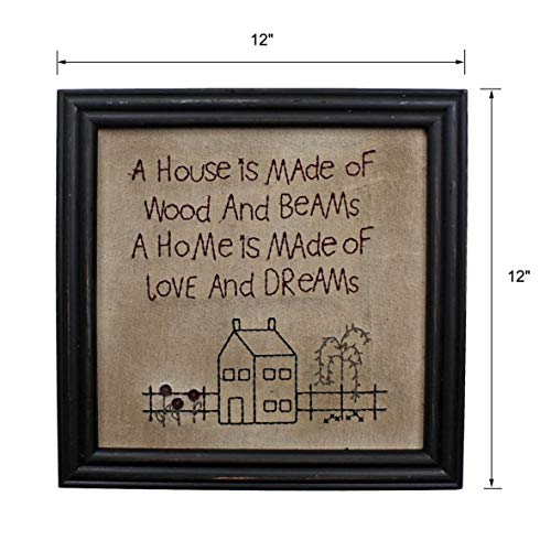 CVHOMEDECO. Primitives Antique A house is made of wood and beams, A home is made of love and dreams Stitchery Frame Wall Mounted Hanging Decor Art, 12 x 12 Inch - color: A house is made of wood and beams, A home is made of love and dreams
