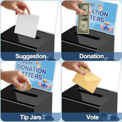 Polmart black Donation Box with Lock - Secure Ballot Box with Removable Sign Holder & 2 Keys - for Money, Cards, Votes, Tickets, Feedback Collection (4.75"D x 6.29"W x 8"H) - color: Black with Sign Holder