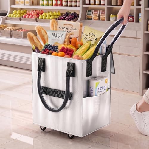Reusable Grocery Bag on Wheel, Foldable Shopping Cart with Wheels, Can Carry up to 88 Pounds, Suitable for Groceries, Laundry, Camping and Moving. - color: Silver - Medium