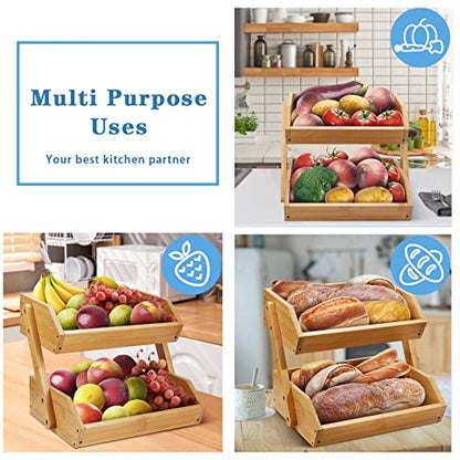 Bamboo Tiered Fruit & Vegetable Storage Bowl Stand for Kitchen Countertop - Produce Basket for Potato, Onion, Bread, Snack Storage - size: 2 Tier Bamboo