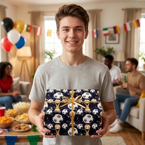 RUSPEPA Soccer Wrapping Paper Roll, Mini Roll, Football Trophy & Gold Star Design, Black Gift Wrap Paper for Boys, Kids, Teens, Sports Fans, Team Celebration, Football Party, 17 Inches x 16.4 Feet - color: Black Gold Soccer