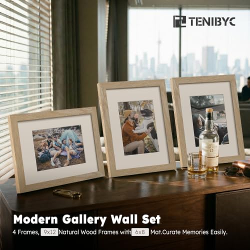 9x12 picture frame 4 Pack, 6x8 Mat, Natural Wood, Glass, for Photo - color: Natural, size: 9 X 12