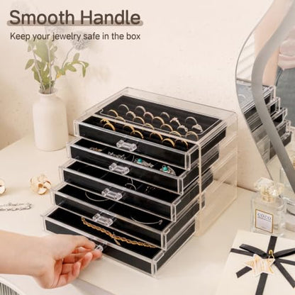 Frebeauty Extra Large Acrylic Jewelry Box for Women 5 Layers Clear Jewelry Organizer Velvet Earring Box with 5 Drawers Rings Display Case Necklaces Holder Tray for Women Girls (Black) - color: Black