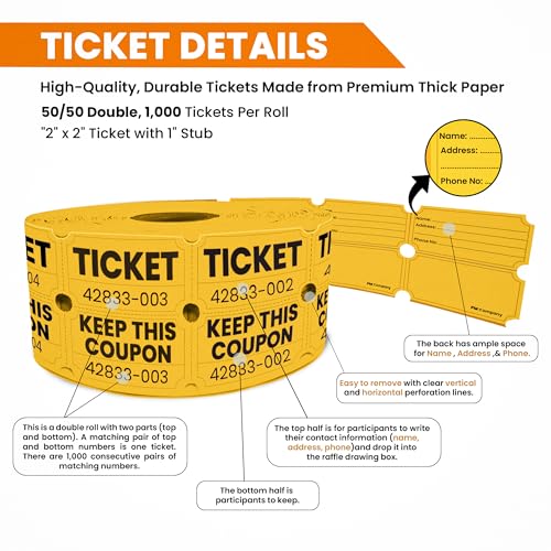 PM Company 2000 Pcs (1000 Pairs) Raffle Tickets Double Roll, 50/50 Yellow - color: Yellow
