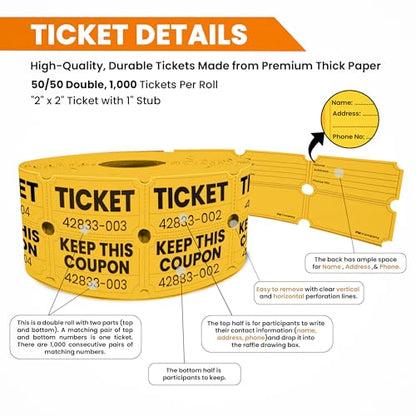 PM Company 2000 Pcs (1000 Pairs) Raffle Tickets Double Roll, 50/50 Yellow - color: Yellow