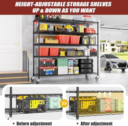 PrimeZone 5 Tier 80.7"H x 55.5"W x 24"D Wire Shelving with Wheels 3000lbs - size: 55.5" W x 24" D x 80.7" H