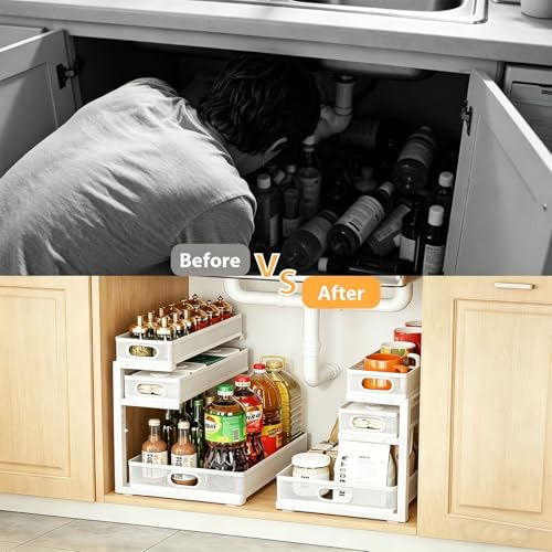 2 Pack Under Sink Organizer, 3-Tier Pull Out Kitchen Cabinet Organizer - color: 3-Tier- White