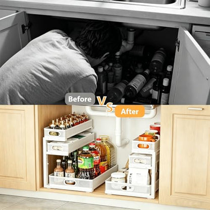 2 Pack Under Sink Organizer, 3-Tier Pull Out Kitchen Cabinet Organizer - color: 3-Tier- White