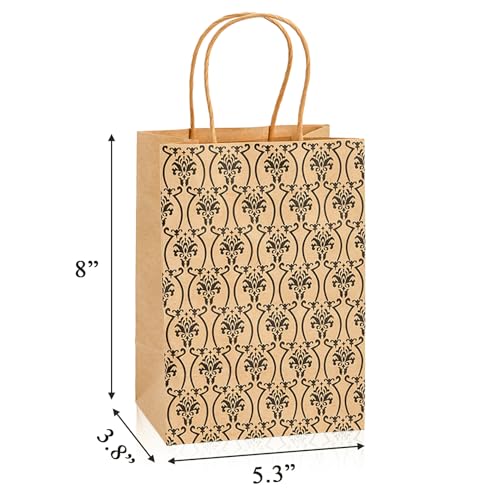 Elsjoy 100 Pack 4 Styles 5" x 8" Small Kraft Paper Gift Bags with Handles, Brown Paper Party Favor Bags, Vintage Paper Goodie Bags for Wedding, Birthday