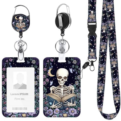 Skeleton Floral Lanyard with ID Badge Holder and Retractable Badge Reel - color: Skeleton Reading Floral