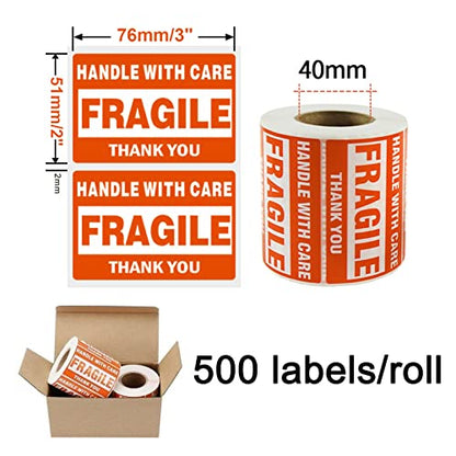 SJPACK 500 Fragile Stickers 1 Roll 2" x 3" Fragile - Handle with Care - Thank You Shipping Labels Stickers (500 Labels/Roll) - size: 1 Rolls