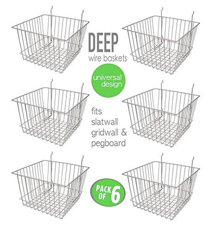Only Hangers Deep Wire Storage Baskets for Gridwall, Slatwall and Pegboard - Chrome Finish - Dimensions: 12" x 12" x 8" Deep - Economically Sold in a Set of 6 Baskets
