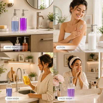 Refillable Clear Soap Dispenser Bottles with Pump, 16 oz (3 Pack) | BPA-Free Plastic Boston Round Containers for Hand Soap, Lotion, Shampoo, Kitchen & Bath