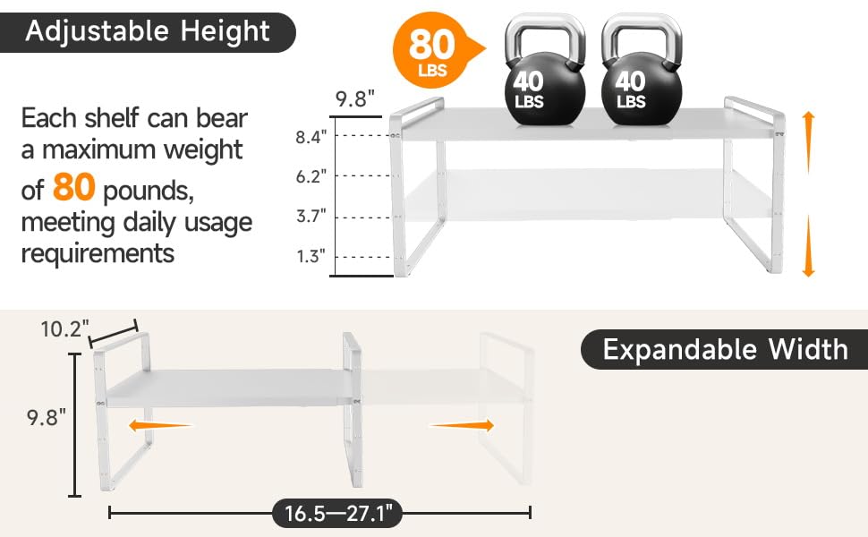 16.5~27.1" Expandable Shelf，2Pack 10.2" Wide Adjustable Height Cabinet Shelves，White - color: White, size: 2Pcs // 10.2''W