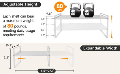 16.5~27.1" Expandable Shelf，2Pack 10.2" Wide Adjustable Height Cabinet Shelves，White - color: White, size: 2Pcs // 10.2''W