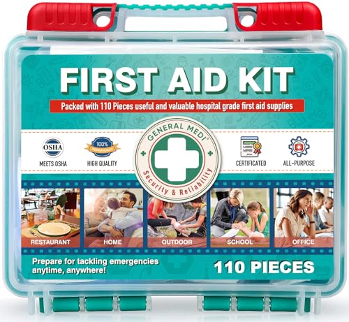 General Medi 110 Pieces Small First Aid Kit - HardCase First Aid Box - Contains Premium Medical Supplies for Travel, Home, Office, Vehicle, Camping, Workplace & Outdoor - size: 110 Pieces