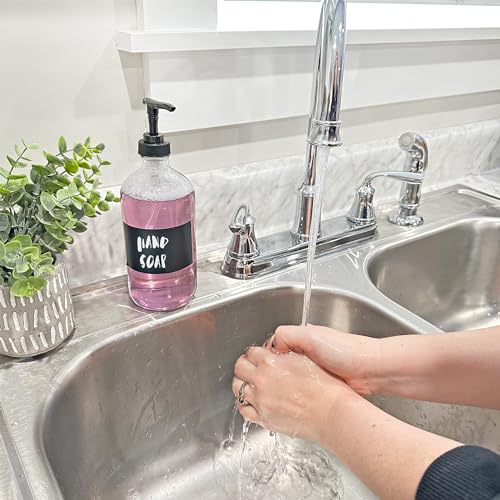 Cornucopia Brands 16-Oz Clear Glass Pump Bottles (2-Pack); Refillable Soap Dispenser Black Lotion Pump Transparent Boston Round Bottles + Chalk Labels & Lids