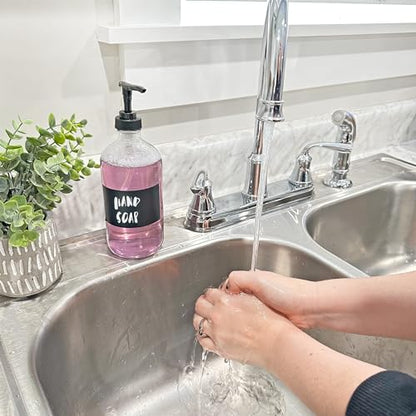 Cornucopia Brands 16-Oz Clear Glass Pump Bottles (2-Pack); Refillable Soap Dispenser Black Lotion Pump Transparent Boston Round Bottles + Chalk Labels & Lids