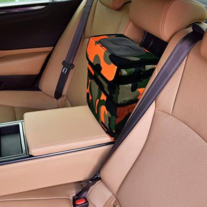 SIBOFUEGO Cute Car Trash Can with Lid, Collapsible, Leak-Proof, 2 Gallon - color: Camo Orange, size: 2 Gallons