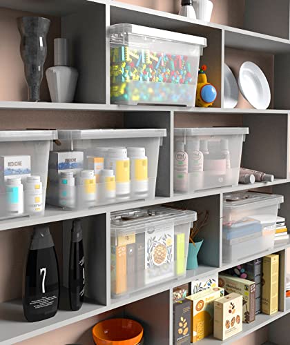 WYT 18-Pack Clear 7 Quart Storage Latch Box/Bins, Plastic Stackable Latching Box with Brown Handle and Lid, Multi-Purpose, 7 Litre - size: 7qt - 18 pack