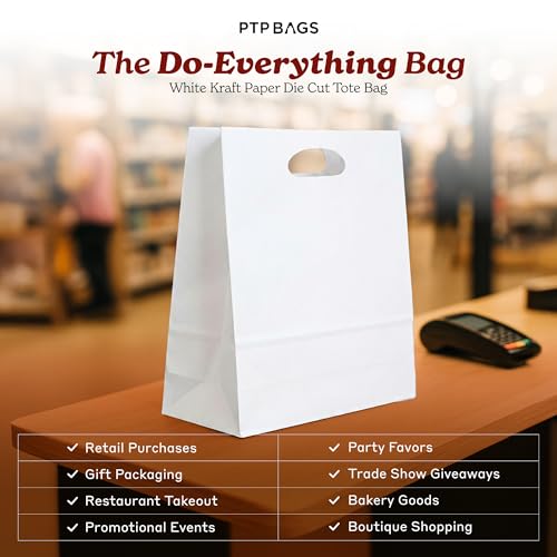 White Kraft Paper Bags with Die Cut Handles, 11" x 6" x 11", 500 Pack - color: White, size: 1 Count (Pack of 500)