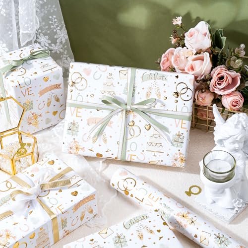 WRAPAHOLIC Wedding Wrapping Paper Roll - Mini Roll - 17 Inch x 16.5 Feet - Luxury and Elegance Wedding Theme with Gold Foil Wrapping Paper Perfect for Bridal Shower, Celebration, Party - color: Wedding Theme, size: 17 inch x 16.5 feet