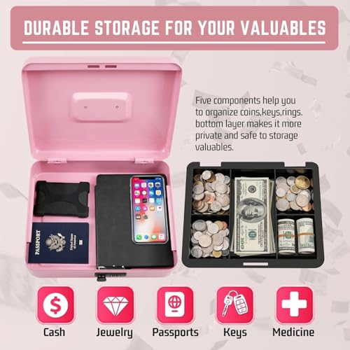 Flexzion Metal Cash Box with Combination Lock - 5-Compartment Petty Cash Box with Money Tray and Lock for Small Business - Removable Money Tray for Bills, Checks & Coins, 11.8"x 9.4"x 3.5", Pink - color: Pink