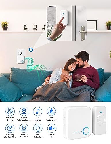 Wireless Doorbell 1000ft Range, Loud Waterproof Door Bell with 60 Melodies - color: White-‎1 Receiver +1 Push Button