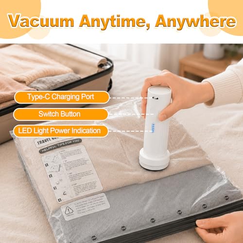 Vacuum Storage Bags with Rechargeable Air Pump, 6 Combo Vacuum Bags for Travel, Space Saver Plastic Packaging Bags for Clothes, Blankets, Pillow, Bedding, Luggage