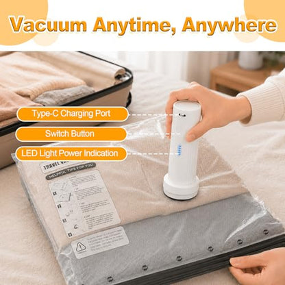 Vacuum Storage Bags with Rechargeable Air Pump, 6 Combo Vacuum Bags for Travel, Space Saver Plastic Packaging Bags for Clothes, Blankets, Pillow, Bedding, Luggage