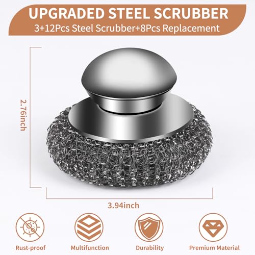 15pcs Steel Wool Scrubber with Replacement Wire Sponge Pads, Steel Scrubber - size: 3 Handle+12 Pads